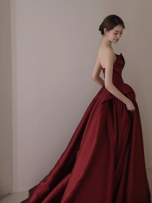 Ball Gown Strapless Burgundy Satin Prom Dresses Evening Dress P1988