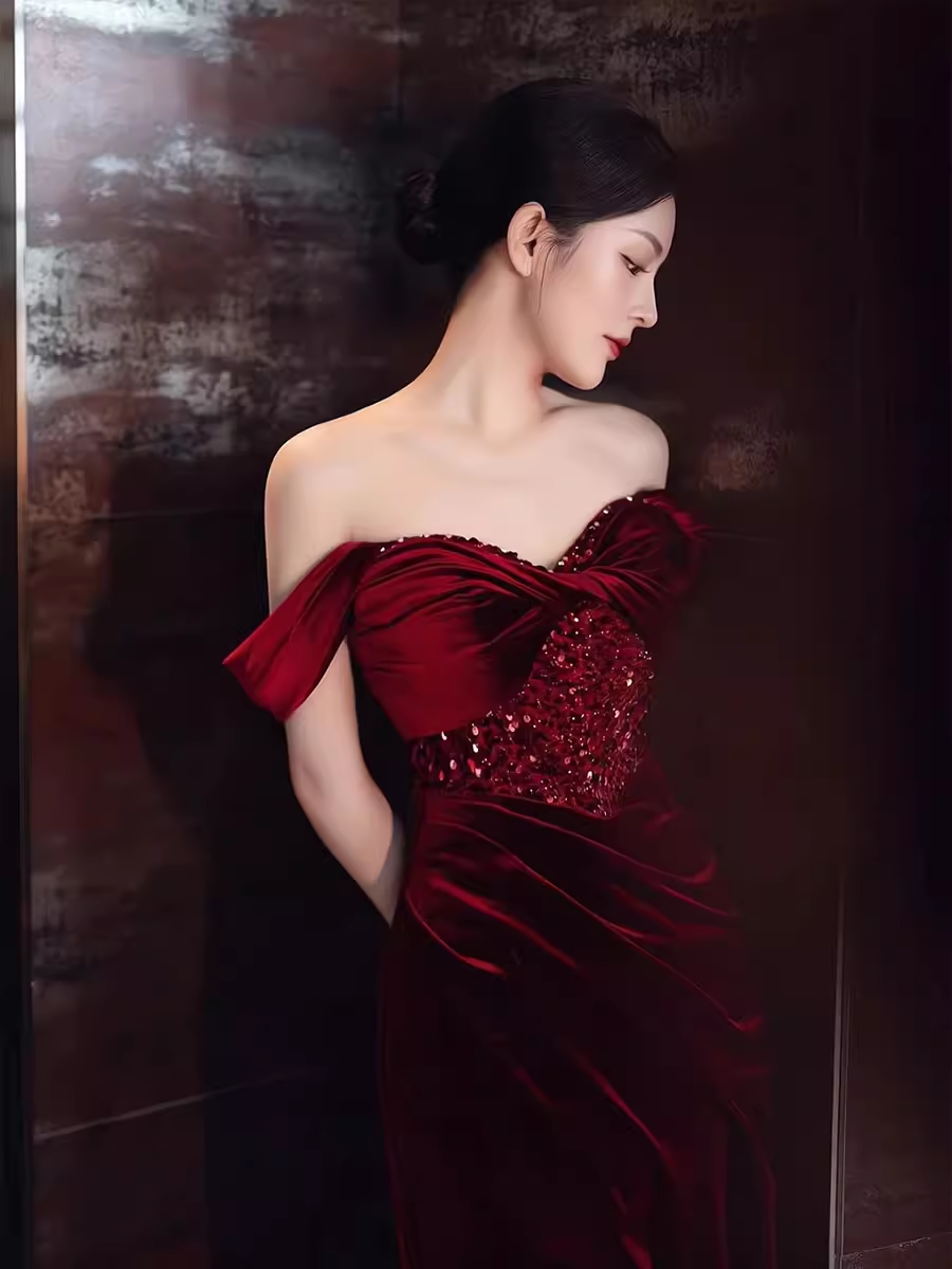 Mermaid Strapless Burgundy Velvet Prom Dresses Evening Dress P1990