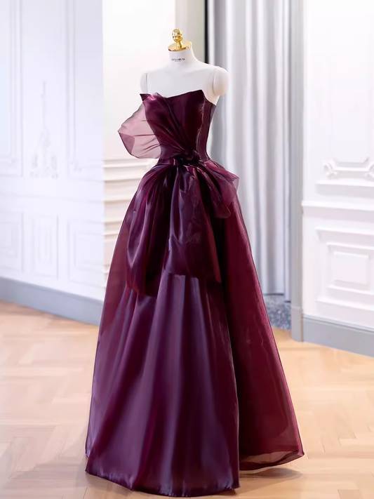 Ball Gown Strapless Burgundy Organza Prom Dresses Long Evening Dress P2023