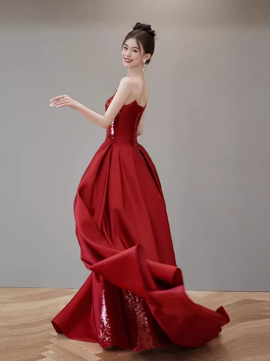 Mermaid Strapless Sequin Red Prom Dresses Long Evening Dress P2026