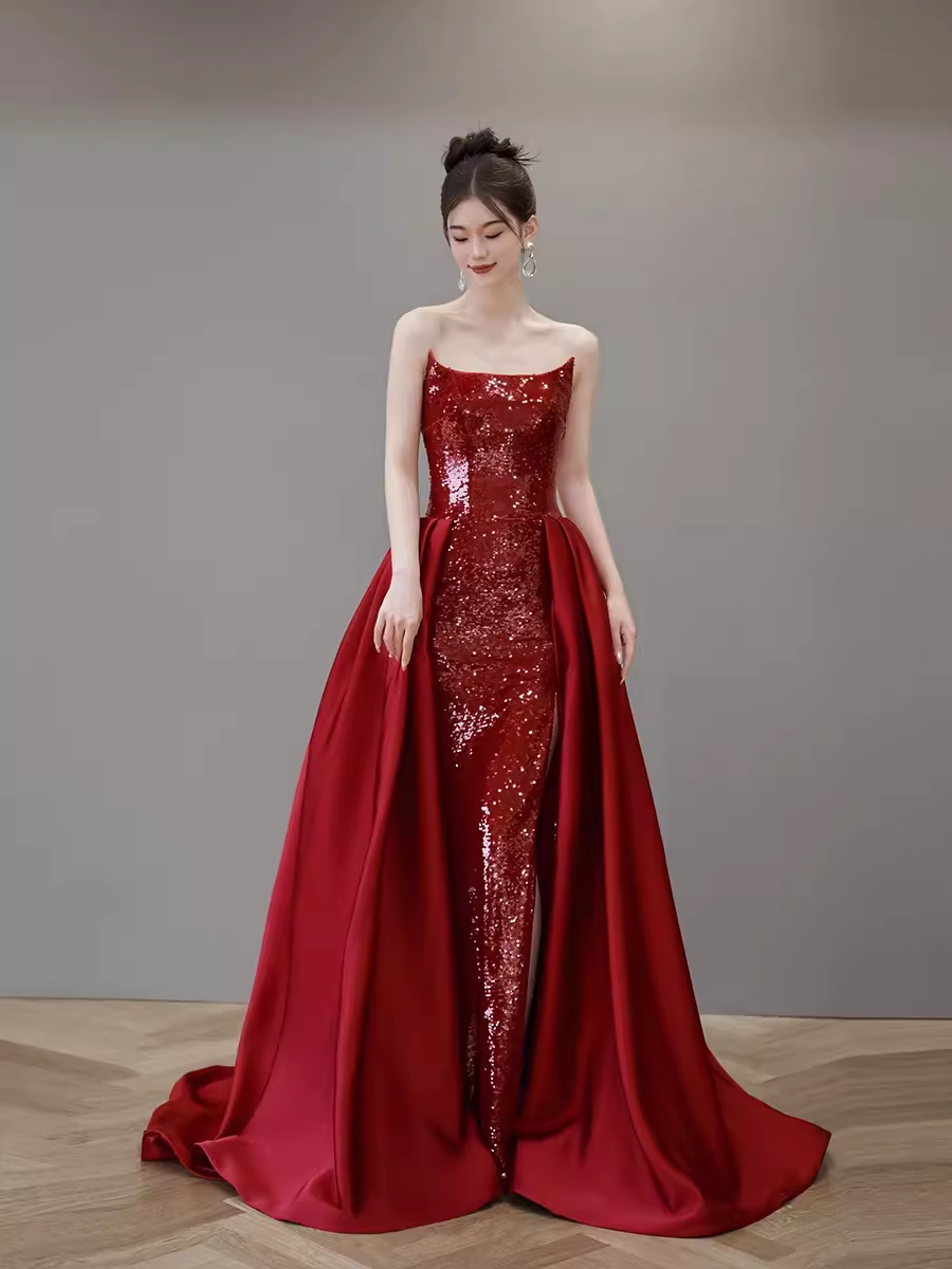 Mermaid Strapless Sequin Red Prom Dresses Long Evening Dress P2026 AS PHOTO US2