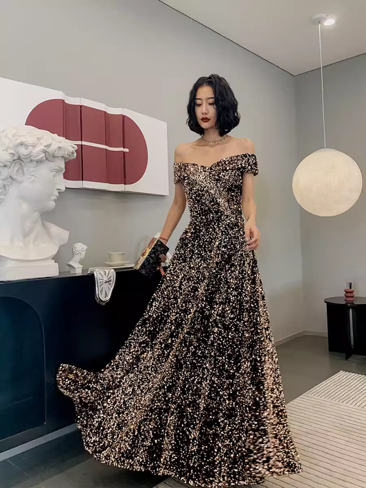 Simple A line Sequin Prom Dresses Evening Dress P2063