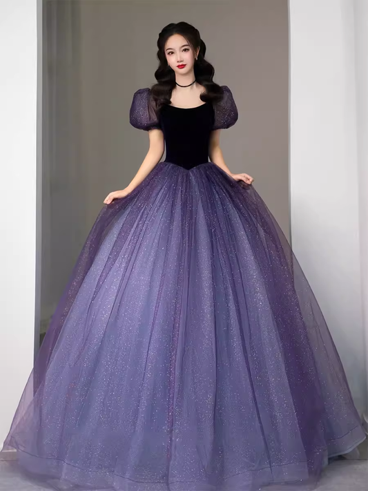 Simple A Line Grape Tulle Prom Dresses Evening Dress P2153