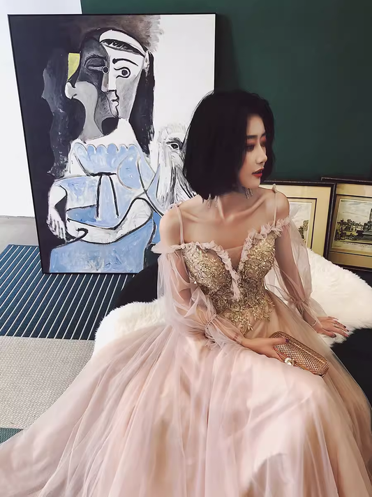 Simple A Line Long Sleeves Champagne Tulle Prom Dresses Evening Dress P2150