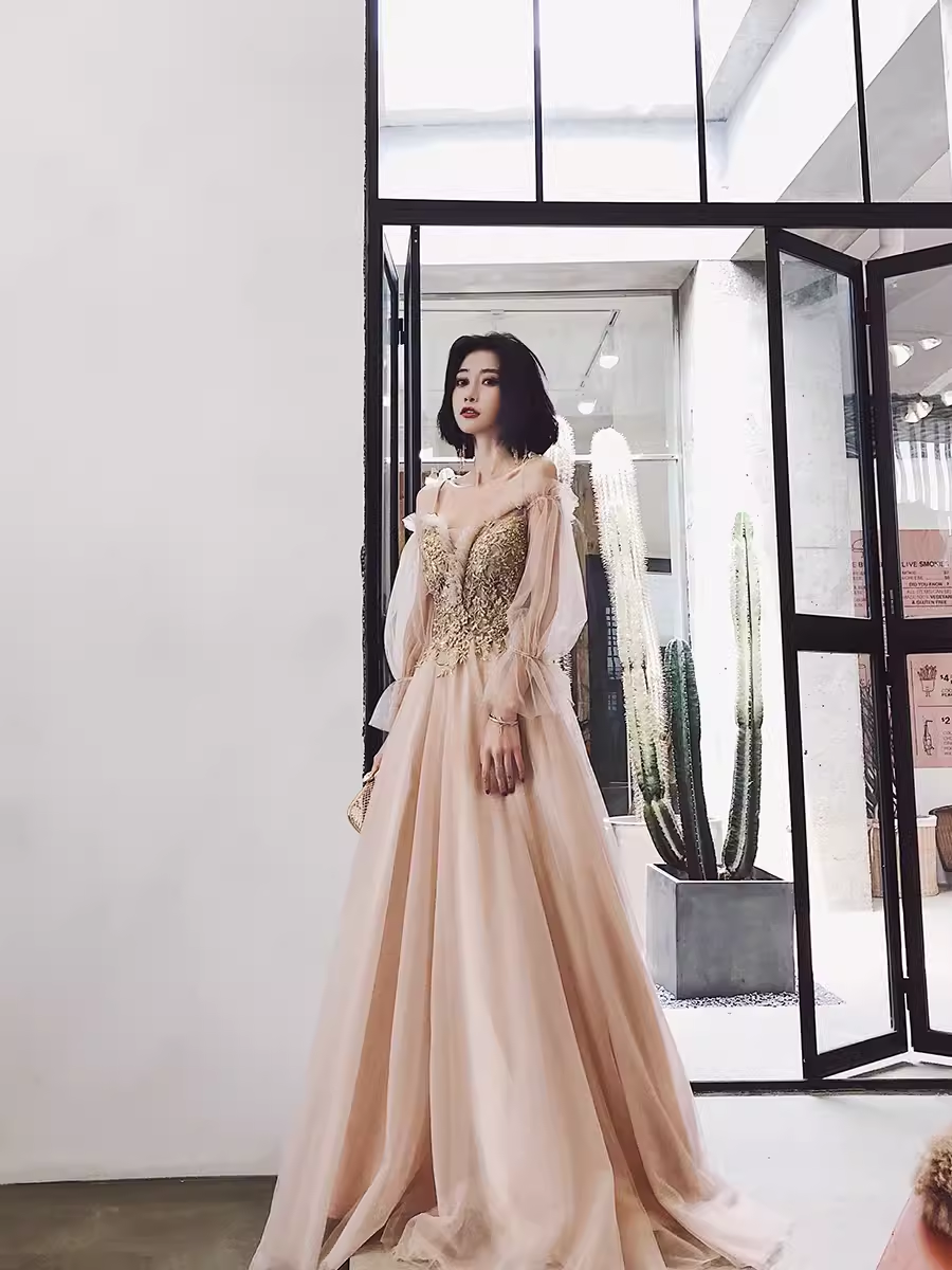 Simple A Line Long Sleeves Champagne Tulle Prom Dresses Evening Dress PreppyDress Simple A Line Long Sleeves Champagne Tulle Prom Dresses Evening Dress PreppyDress