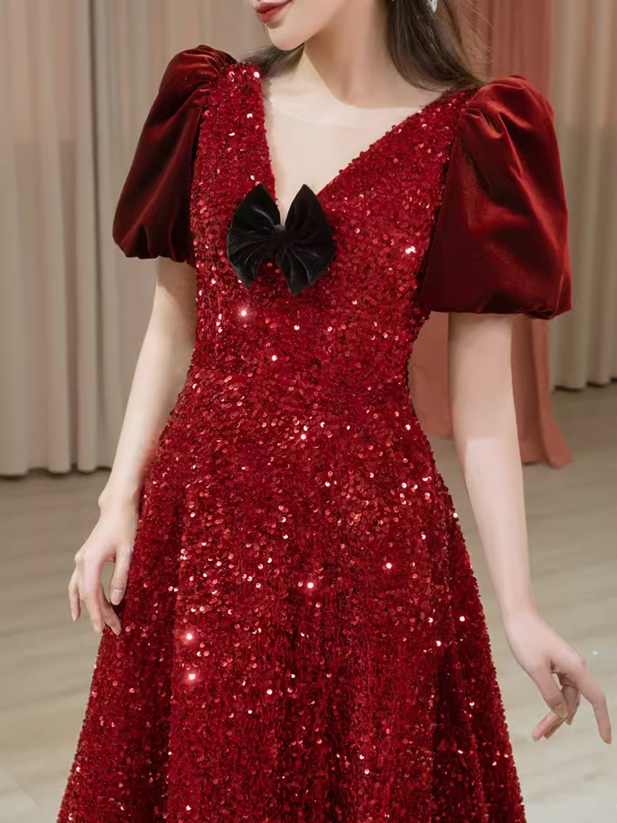 Sexy A line Burgundy Sequin Prom Dresses Evening Dress P2156