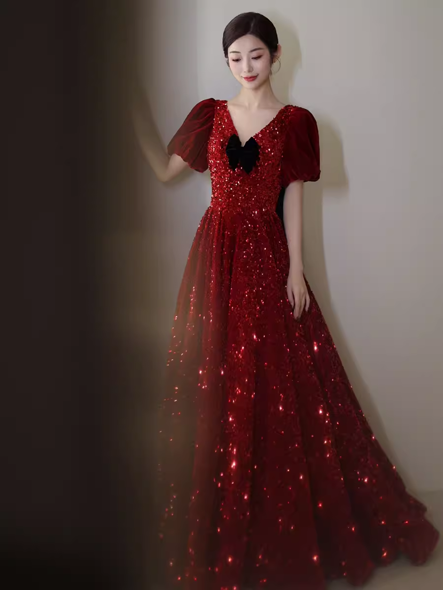 Sexy A line Burgundy Sequin Prom Dresses Evening Dress P2156