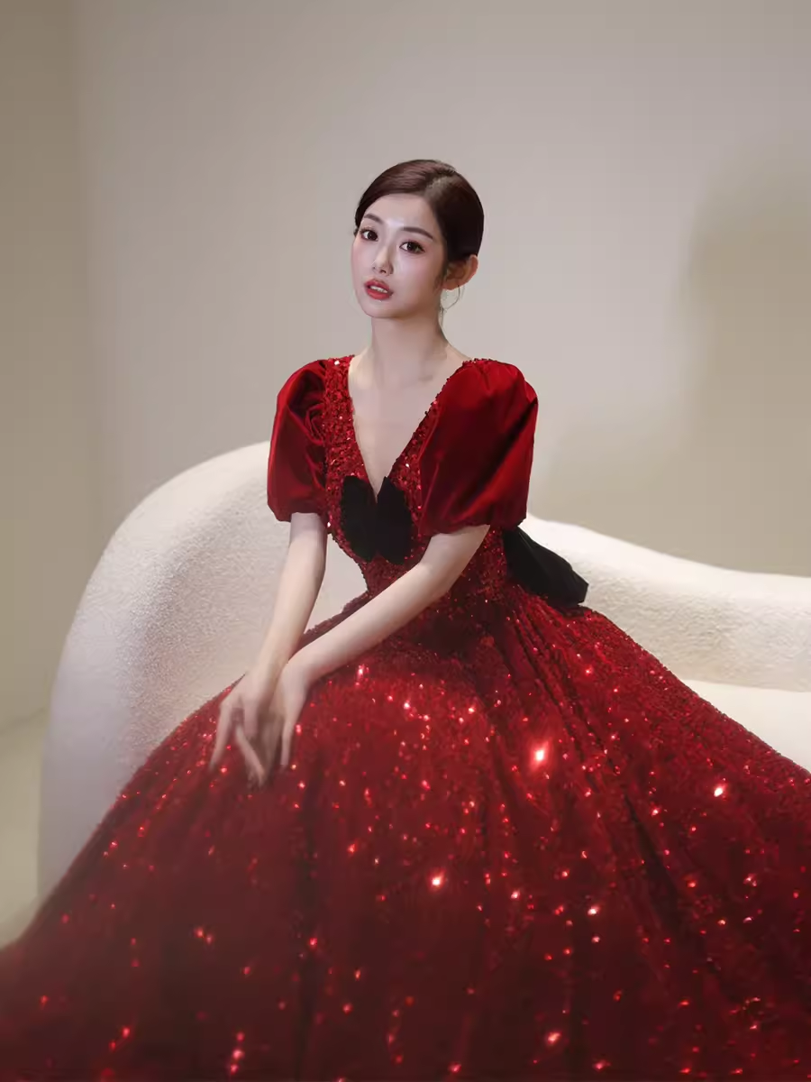Sexy A line Burgundy Sequin Prom Dresses Evening Dress P2156