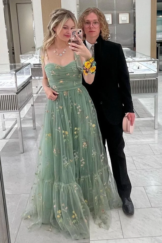 Sexy A Line Straps Green Lace Prom Dresses 21th Birthday Outfit P2101