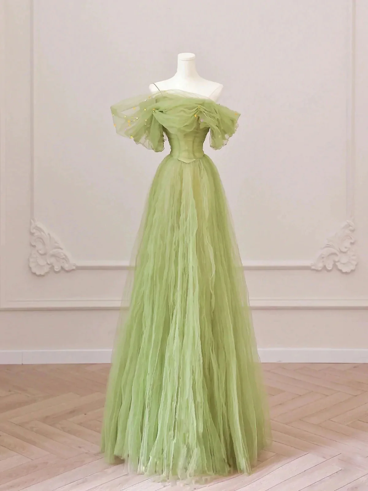 A Line Off the Shoulder Green Tulle Long Prom Dresses P2200 PreppyDress A Line Off the Shoulder Green Tulle Long Prom Dresses P2200 PreppyDress