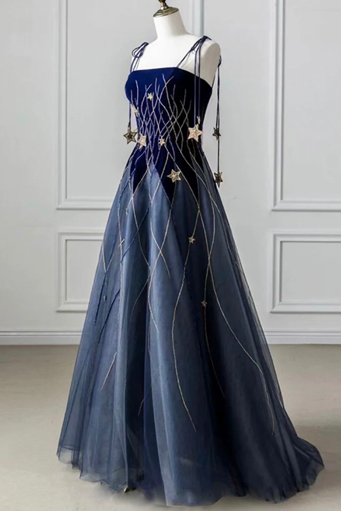 Elegant Navy Blue Spaghetti Strap Long Prom Dress with Star P2228 AS PHOTO US2