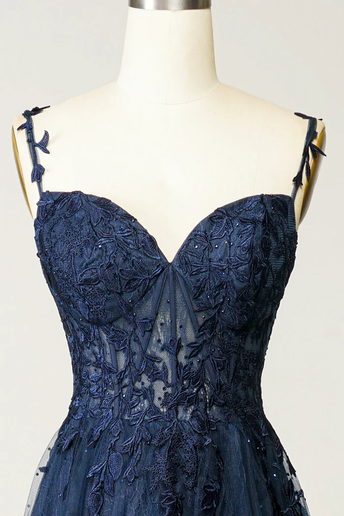 Beautiful A line Spaghetti Straps Navy Blue Lace Prom Dresses Formal Dress P2229
