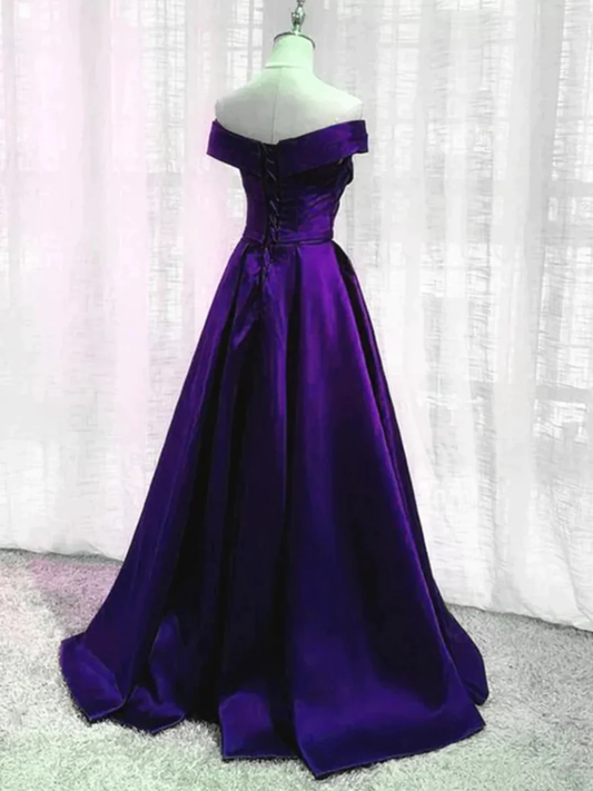 Simple A line Off the Shoulder Purple Satin Long Prom Dresses P2236