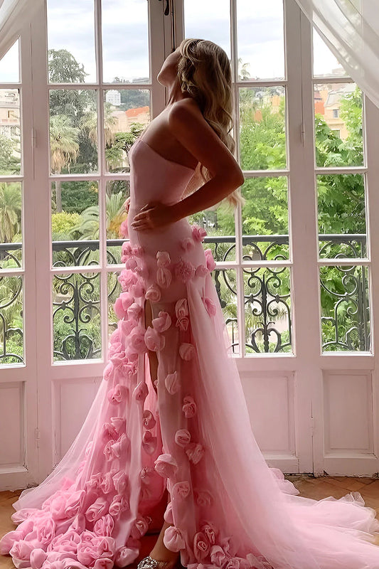Robe de soirée sexy sans manches en trapèze avec fente et fleurs pour bal de promo P861