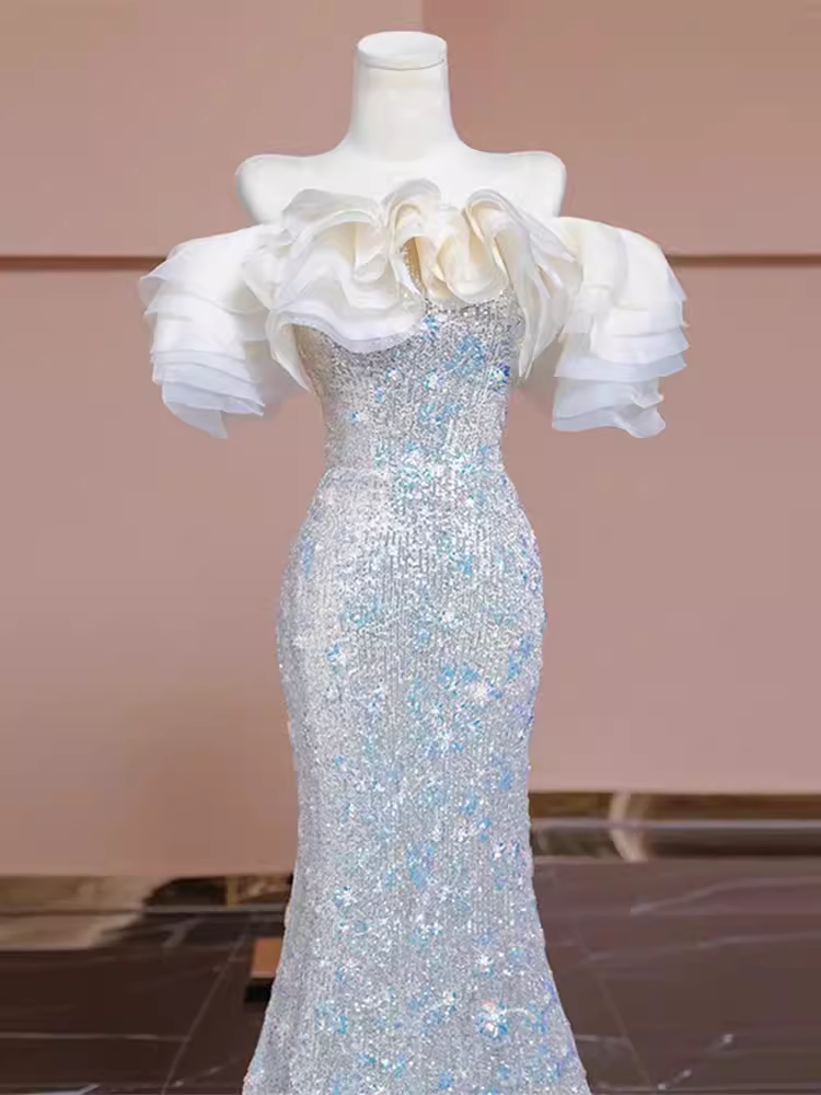 Pretty Mermaid Off The Shoulder Sequin Long Evening Party Dress Prom Dresses PD0039