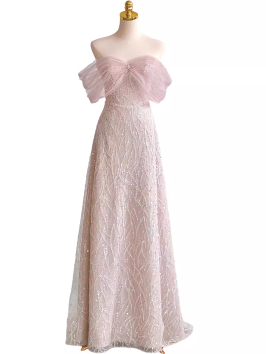 Pretty A line Off The Shoulder Pink Sequin Long Evening Party Dress Prom Dresses With Beads PD0042