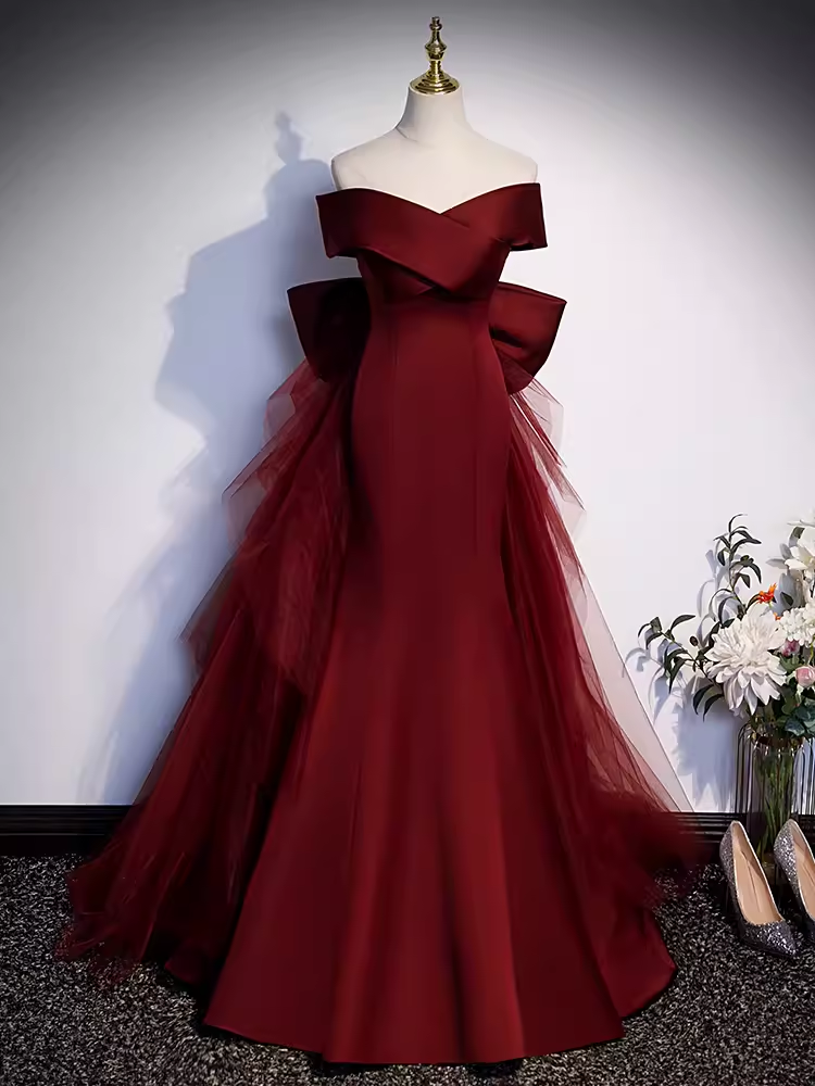 Pretty A line Off The Shoulder Burgundy Satin Long Evening Party Dress