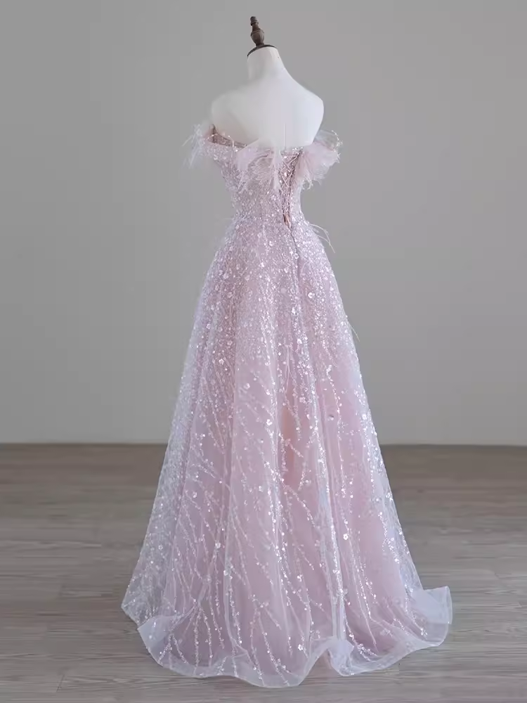 Wunderschönes A-Linien Off-Shoulder Rosa Pailletten Langes Abendkleid Ballkleid PD0045