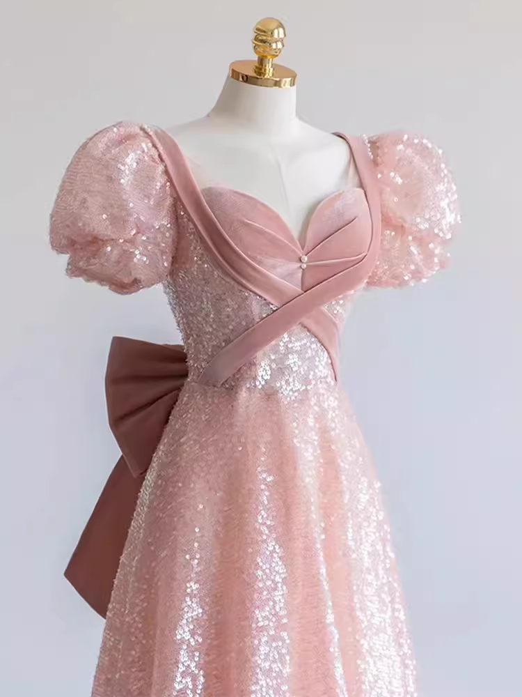 Pretty A line Sweetheart Short Sleeves Long Evening Party Dress Pink Prom Dresses PD0053