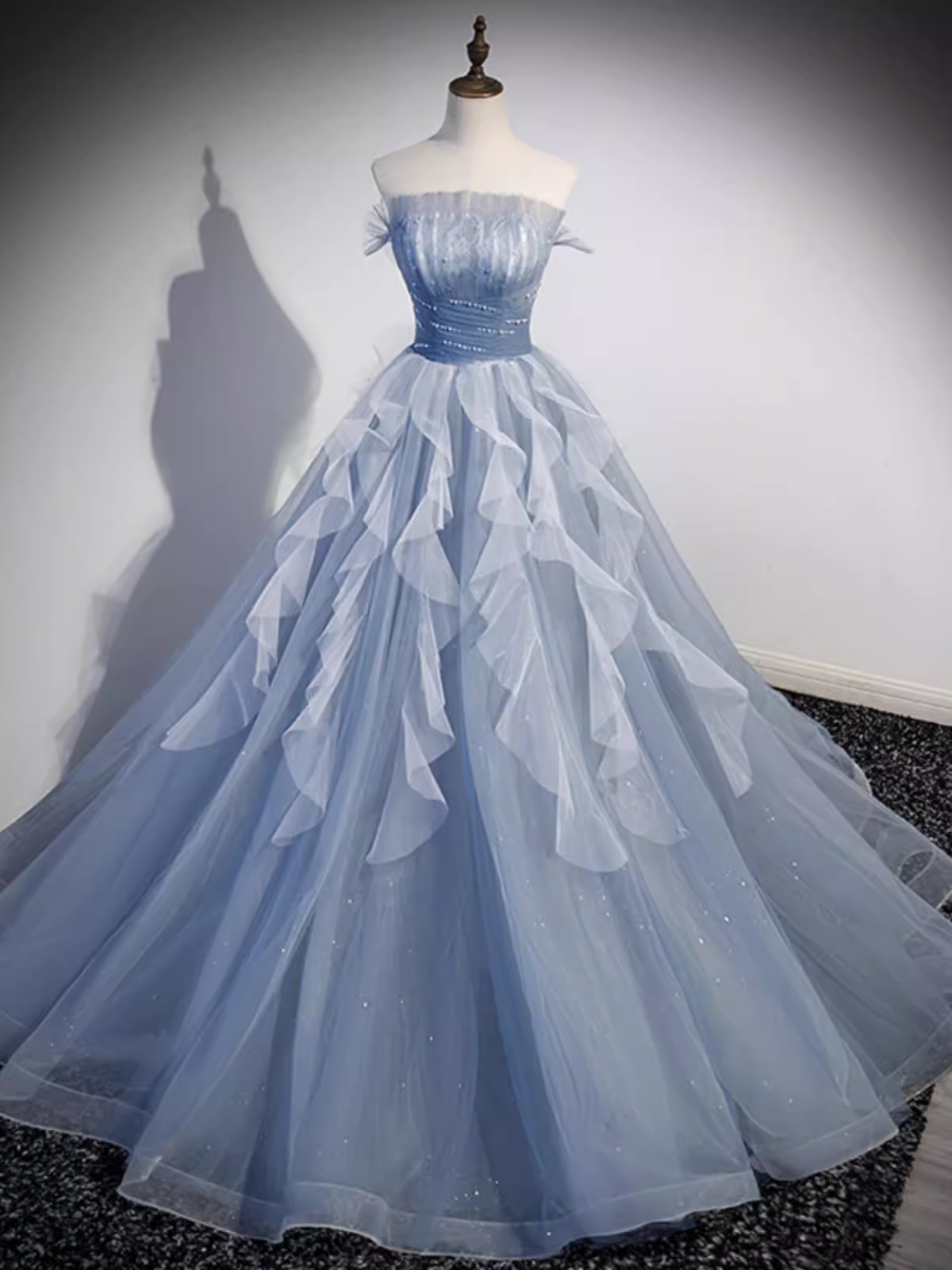 Vintage Ball Gown Strapless Satin Dusty Blue Tulle Long Prom Dress For Vintage Ball Gown Strapless Satin Dusty Blue Tulle Long Prom Dress For