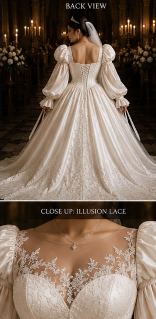 White A-Line Satin Lace Wedding Dress P5015