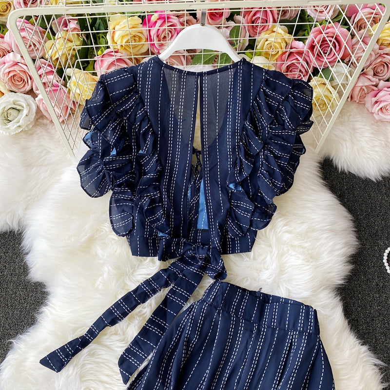 Stylish slim two-piece lattice set summer dress P309