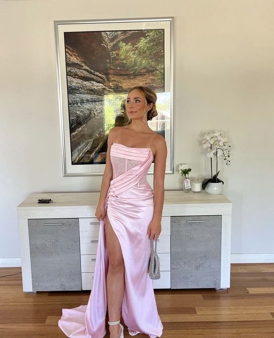Sexy Birthday Dresses Pink Strapless Prom Dresses Slit Birthday Outfits P367 - AS PHOTO / US2 Sexy Birthday Dresses Pink Strapless Prom Dresses Slit Birthday Outfits P367 - AS PHOTO / US2