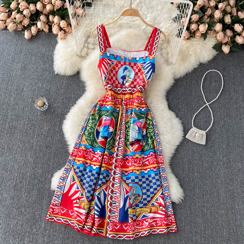 Vintage Straps Red Dress Summer Women Holiday Dress P218