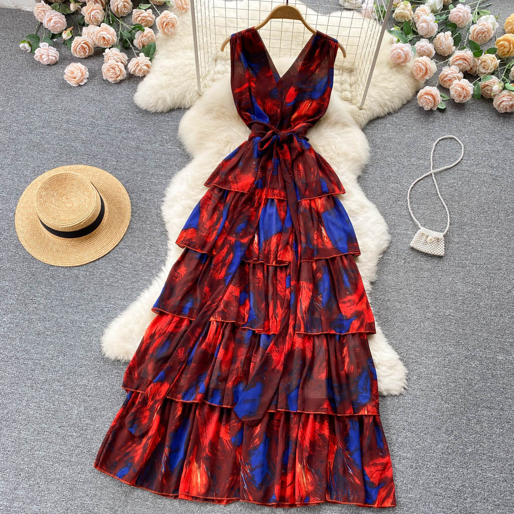 Sweet V neckline Summer Floral Dress Women Holiday Dress P174