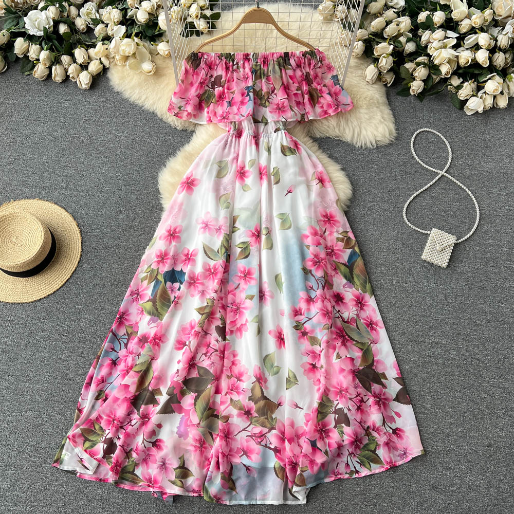 Cute off the shoulder slit floral dress women's dress P112