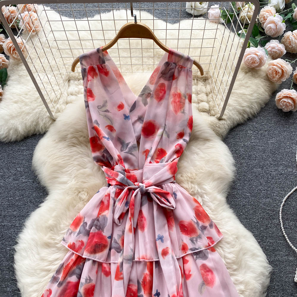 Sweet V neckline Summer Floral Dress Women Holiday Dress P174