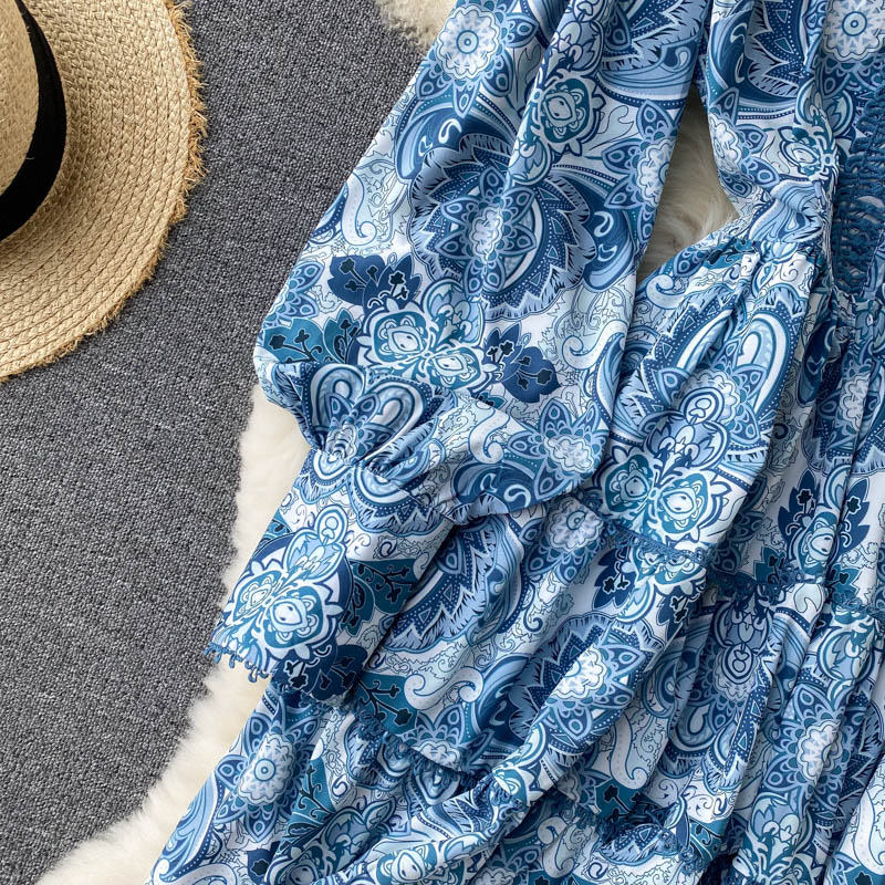 Vintage A line long sleeves floral dress women's dress P102