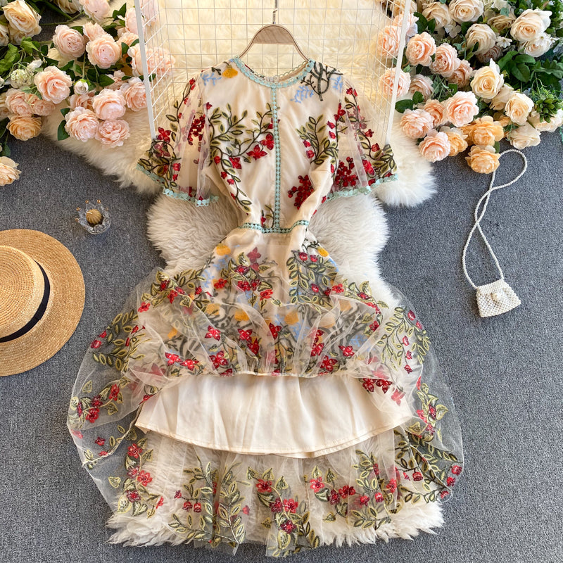 Vintage A line short sleeves floral dress women's dress P101