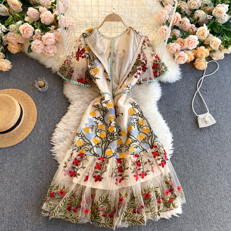 Vintage A line short sleeves floral dress women's dress P101
