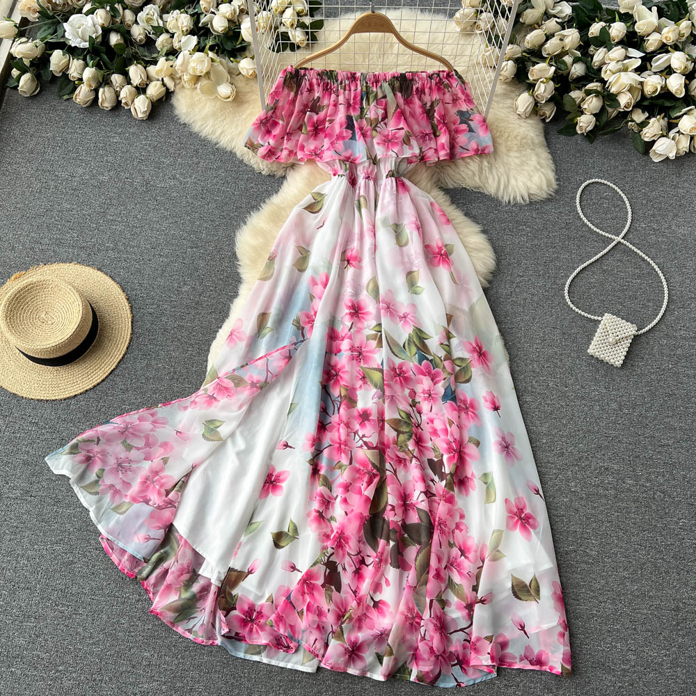 Cute off the shoulder slit floral dress women's dress P112