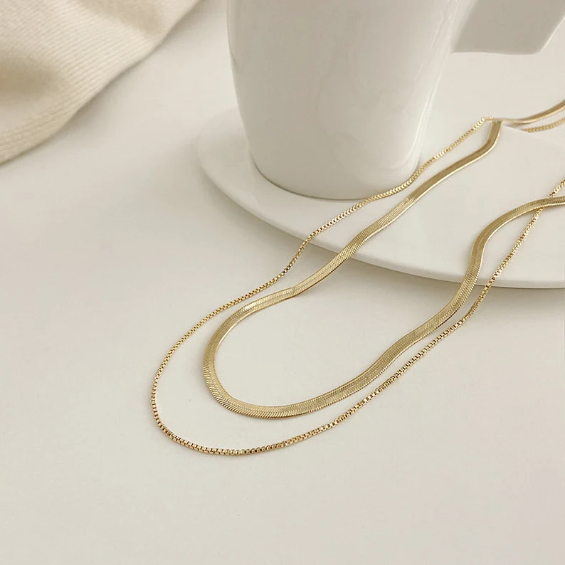 Dainty Snake Double layer Choker,Snake Chain Necklace,Herringbone Necklace,Gold Double Chain,Omega Chain Necklace,Thin Chain Necklace E020