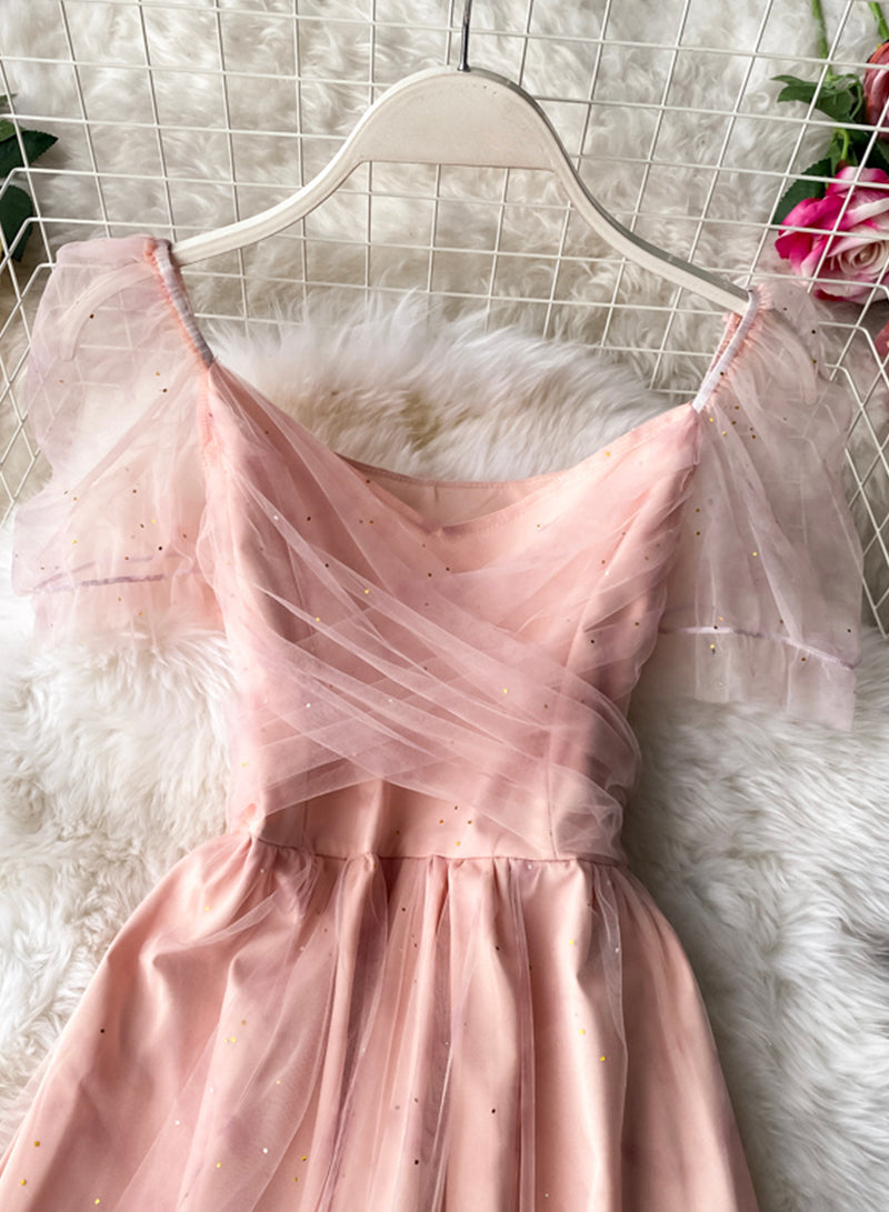 Pink tulle short dress summer dress 055
