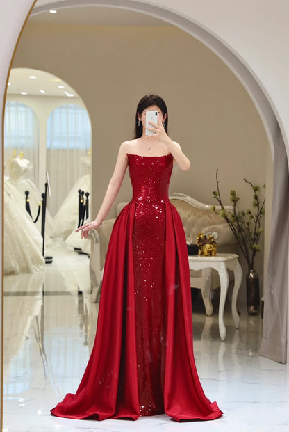 Mermaid Strapless Sequin Red Prom Dresses Long Evening Dress P2026