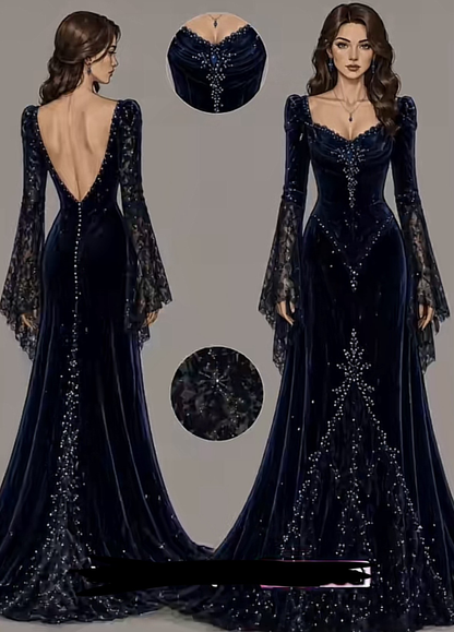 Blue Velet Mermaid Evening Dress Long Prom Dress P5019