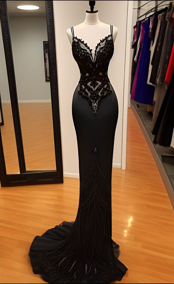 Modest Mermaid Lace Black Prom Dresses Long Prom Dress P484