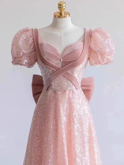 Prinzessin A-Linie Rosa Kurzarm Pailletten Langes Ballkleid P1007