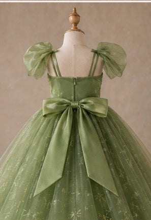 Green spaghetti strap A-line flower girl dress P5012