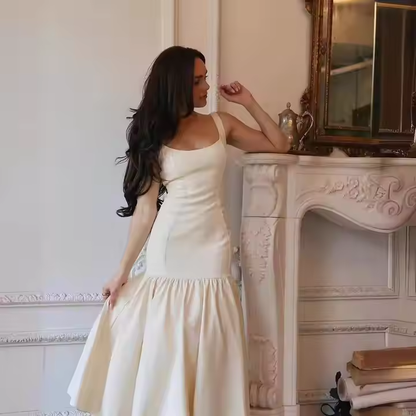 Robe de Soirée de Bal Longue Sirène Vintage à Volants Blancs Col Carré Robes Formelles P2476