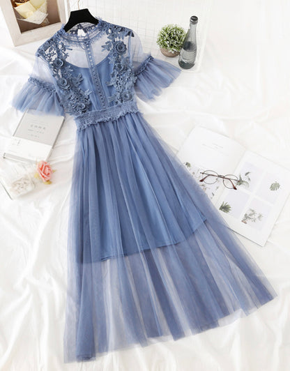 Süßes A-Linien-Kleid aus Tüll mit Spitzenapplikationen, Sommerkleid P337