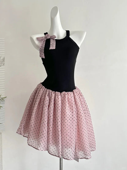 Sweet Black And Pink Polka Dot Halter Neck Chiffon Short Birthday Part – PreppyDress Sweet Black And Pink Polka Dot Halter Neck Chiffon Short Birthday Part – PreppyDress