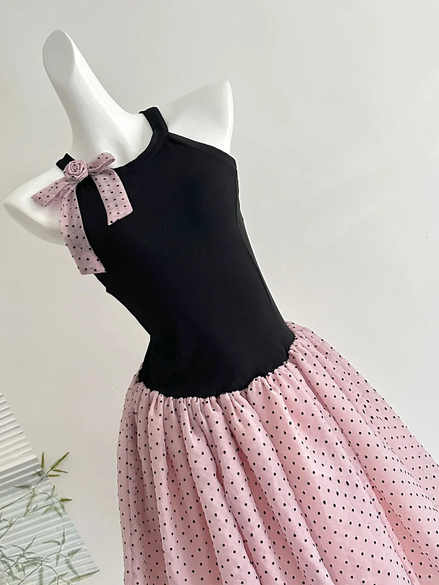 Sweet Black And Pink Polka Dot Halter Neck Chiffon Short Birthday Party Homecoming Dress P3989