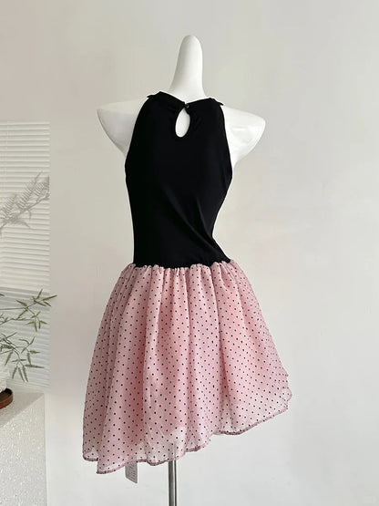 Sweet Black And Pink Polka Dot Halter Neck Chiffon Short Birthday Part – PreppyDress Sweet Black And Pink Polka Dot Halter Neck Chiffon Short Birthday Part – PreppyDress
