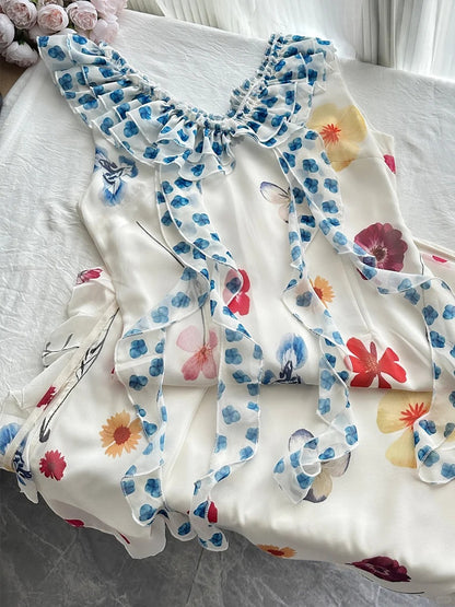 Frisches weißes Hintergrundmuster, bunt geblümtes, V-Ausschnitt, Rüschen-Taille, Chiffon langes Ballkleid Abendkleid P4001