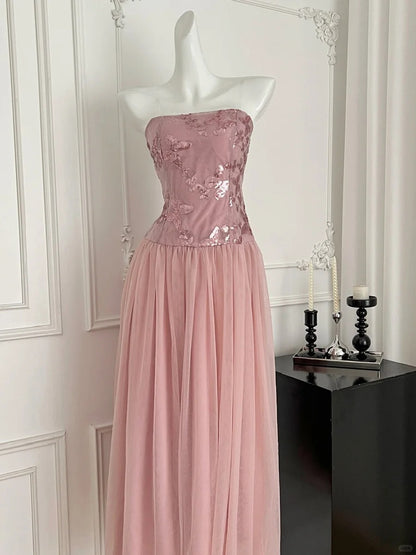 Élégante Robe de Bal Longue en Tulle Pailleté Coupe Droite Bustier Rose Robe de Soirée Robe de Demoiselle d'honneur P4010