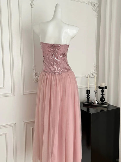 Élégante Robe de Bal Longue en Tulle Pailleté Coupe Droite Bustier Rose Robe de Soirée Robe de Demoiselle d'honneur P4010